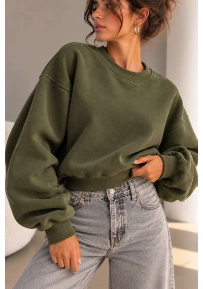 Bbbutikbasic 3 İplik Şardonlu Kısa Sweatshirt Bisiklet Yaka Kadın 3 İplik Şardonlu My3535 Haki