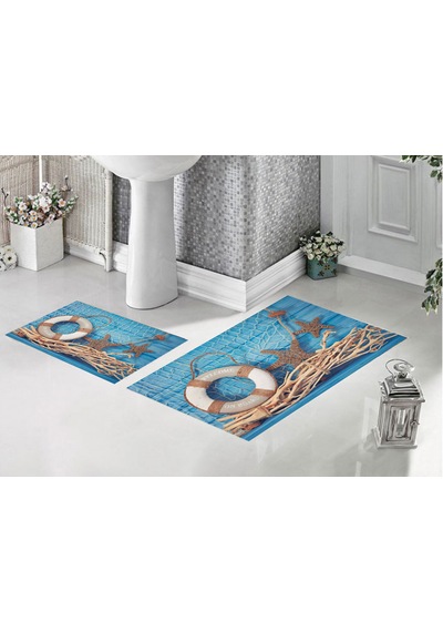 Yıkanabilir 2'li Modern Banyo Paspası Banyo Halısı Dijital Baskılı Kaymaz Banyo Dekoru 100x60 Cm Ve 60 40 Cm Bej - Krem - Mavi