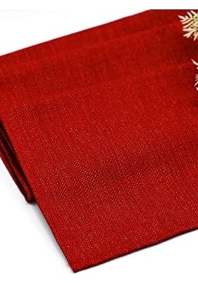 Simli Keten Runner, Kırmızı, 45x150cm Açık Bej