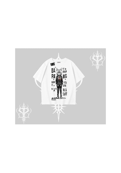 Tarzsokak Dream Big Yazılı Takım Elbiseli Kedi Baskılı Oversize Tshirt Beyaz