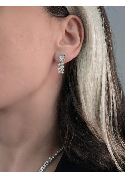 Eva Takı Store Kristal Taşlı Su Yolu Model Yılbaşı - Abiye - Düğün -event Kolye Küpe Set Silver Gümüş