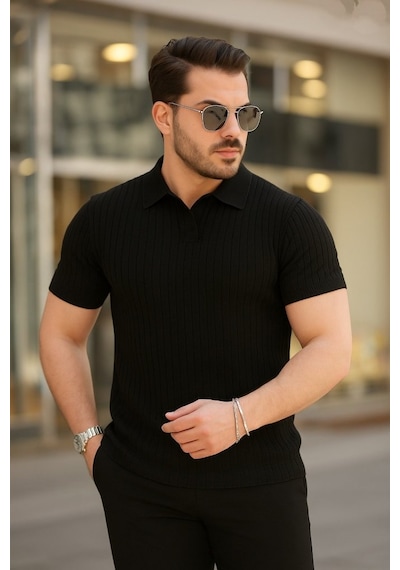 Oada Erkek Kısa Kollu Yakalı Çizgi Desenli Triko Bluz Siyah