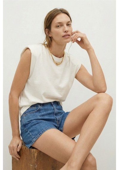 Elemge %100 Pamuk Süprem Tok Kumaş Kadın Oversize Ekru T-shirt Geniş Omuzlu Dökümlü Kolsuz Bol Kalıp