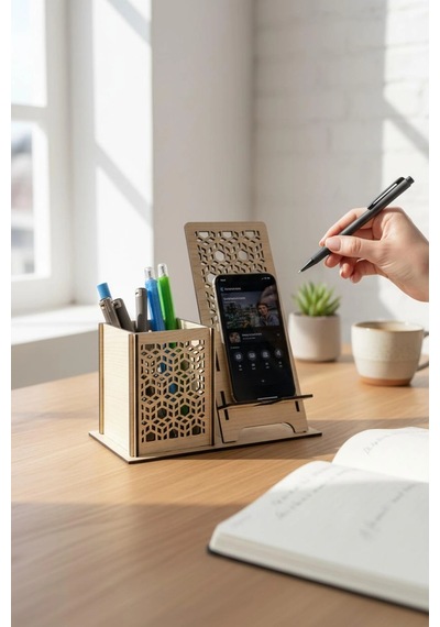 Kalemlik Ve Telefon Standı Geometrik Desenli Doğal Ahşap Açık Meşe Varsayılan