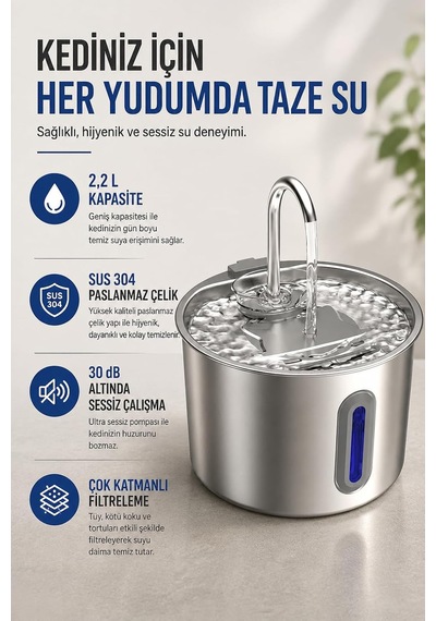 2,2 L Sus 304 Paslanmaz Çelik Kedi Akan Su Pınarı Sebili Orm-502