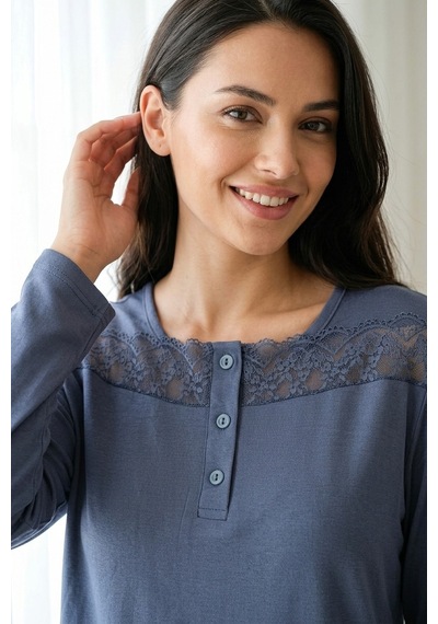 Aura Collections Kadın Dantelli Bambu Viskon Uzun Kollu Mevsimlik Soft Örme Pijama Takımı Lacivert