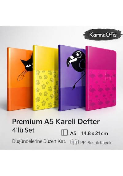 Premium A5 Kareli Defter 4 Lü Set Pp Plastik Kapak, Dayanıklı Ve Şık Tasarım