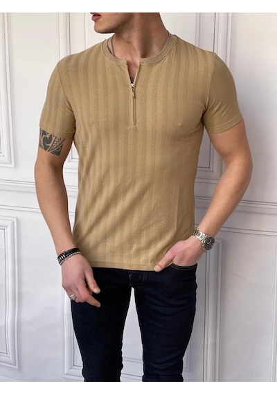 Modefendi Slim Fit Sıfır Yaka Fermuar Detaylı Triko Tshırt Krem