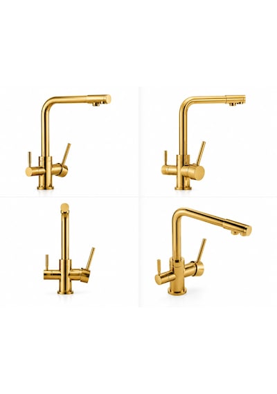 3 Yollu Musluk Su Arıtma Musluğu Gold Üç Yollu Çoklu Musluk Altın Rengi Mutfak Bataryası