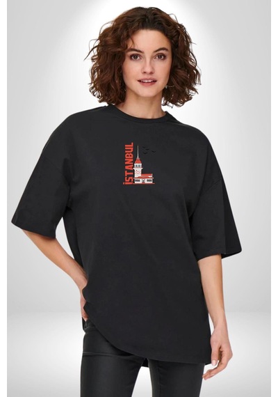 İstanbul Kız Kulesi Türkiye Siyah Oversize Unisex Ön Orta Minimal Baskılı Tişört Siyah