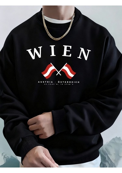 Startmore Startmoreviyana Avusturya Bayrağı Baskılı Erkek Sweatshirtleri Kışlık Bisiklet Yaka Kapüşonlu Sokak Gi Siyah