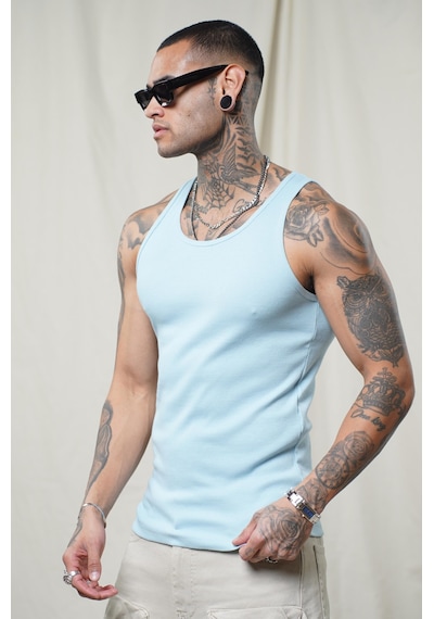 Slim Fit Kaşkorseli Esnek Düz Erkek Sporcu Atlet Açık Mavi