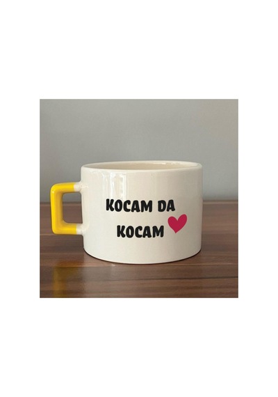 Kocam Da Kocam Baskılı Sarı Kulplu Kare Kupa - Sevgililer Günü Hediyesi Bardak Fincan Mug Sarı Kulp