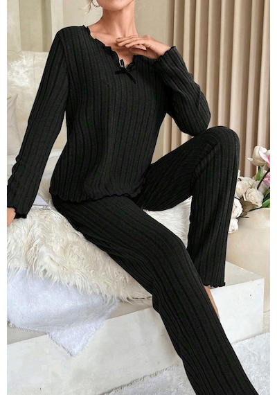 Bella Notte Mevsimlik Siyah Pamuklu Fiyonk Detaylı Pijama Takımı