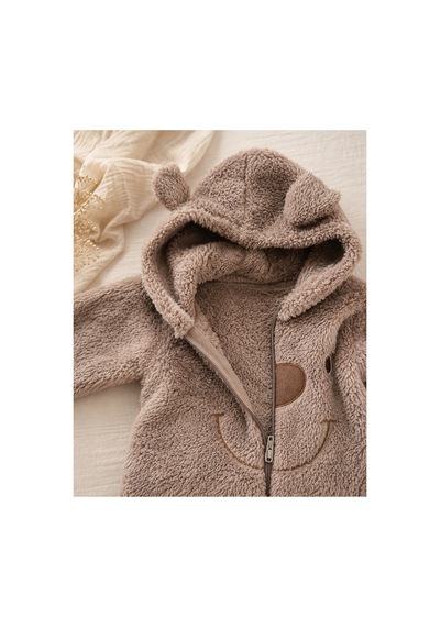 Omeca Concept Ayıcık Detaylı Kapüşonlu Peluş Bebek Tulum Kahverengi
