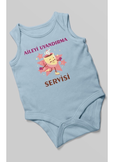 Aileyi Uyandırma Servisi Baskılı Bebek Zıbını Çıtçıtlı Body %100 Pamuk Sıfır Kol Bebe Mavisi