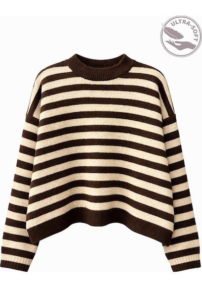 Mixray 7016 Kadın Yün Karışımlı Çizgili Oversize Basic Triko Kazak Kahve