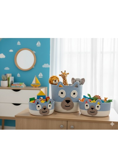 Bluey Orgnizer Sepet Takımı Çocuk Odası Kordon İpten Açık Mavi