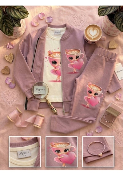 Karakter Baskılı Penye Ceketli - Penye Sweatshirt - Penye Pantolonlu Kız Çocuk 3lü Takım Gül Kurusu