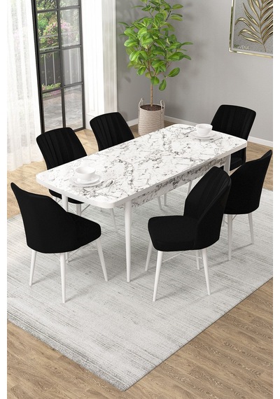 Arel Beyaz Mermer 80x132 Açılabilir Mdf Masa Yemek Odası Takımı, Mutfak Takımı 6 Adet Sandalye Beyaz Mermer - 6 Siyah - Beyaz Ayak Arel Beyaz Mermer 80x132 Açılabilir Mdf Masa Yemek Odası Takımı, Mutfak Takımı 6 Adet Sandalye Beyaz Mermer - 6 Siyah - Beyaz Ayak
