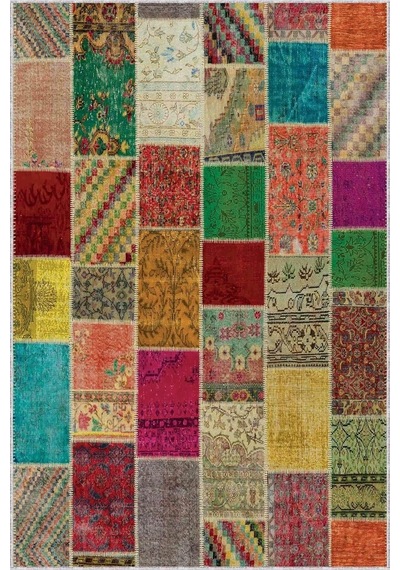 Kaymaz Tabanlı Kesme Rulo Yolluk Renkli Patchwork Ar320, Turuncu, 160 X 200 Çok Renkli