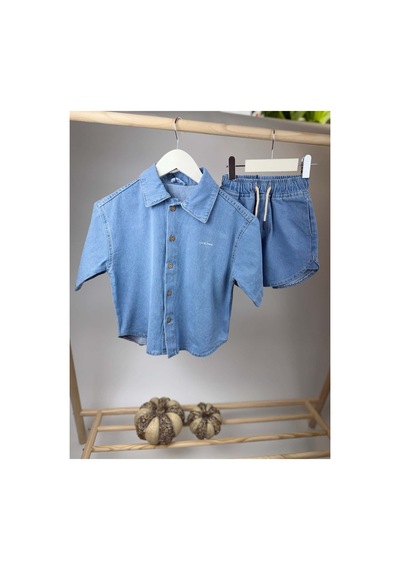 Poala Kids Unisex Kot Şort Takım Mavi