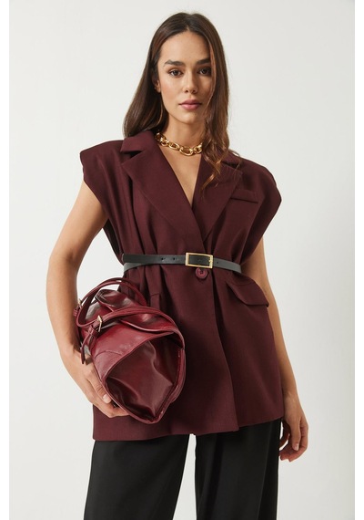 Shade Kadın Cep Detaylı Kemerli Vatkalı Oversize Astarlı Blazer Yelek 11143 60281003 - Bordo