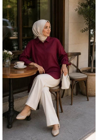 Maşuka Oversize Rahat Kalıp Uzun Kollu Keten Günlük Şık Kadın Gömlek - Tunik Bordo Bordo