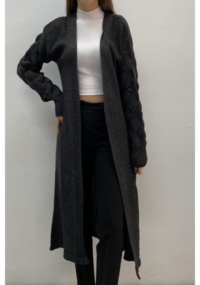 Onno Style Women Lüpenli Uzun Ceket Füme