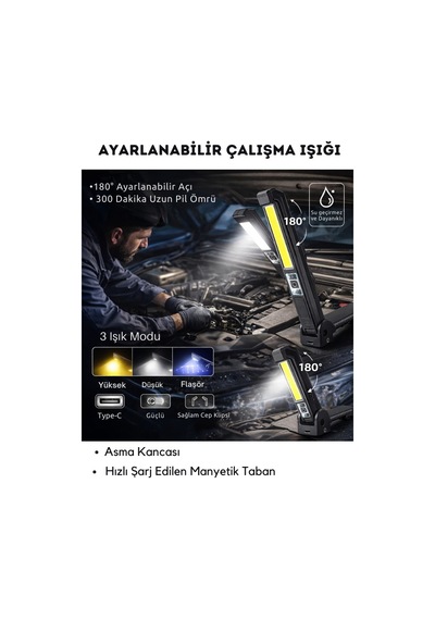 Gp-299 Şarjlı Mıknatıslı Çalışma Lambası - Tamir Lambası - Acil Durum İkaz Lambası Kırmızı-mavi Ledli Siyah