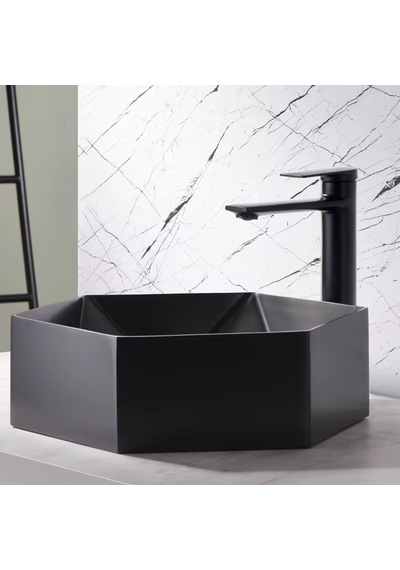 Alfas Aura Geometrik 44 Cm Pvd Mat Siyah Tezgah Üstü Çanak Lavabo Pvd 304 Paslanmaz Çelik