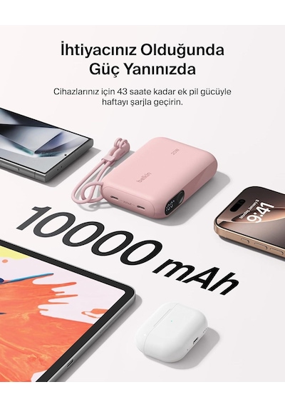 Belkin Bpb027hqpk Boostcharge 10.000 Mah 20w Usb-c Powerbank Dijital Göstergeli Taşınabilir Şarj Cihazı - Pembe Siyah