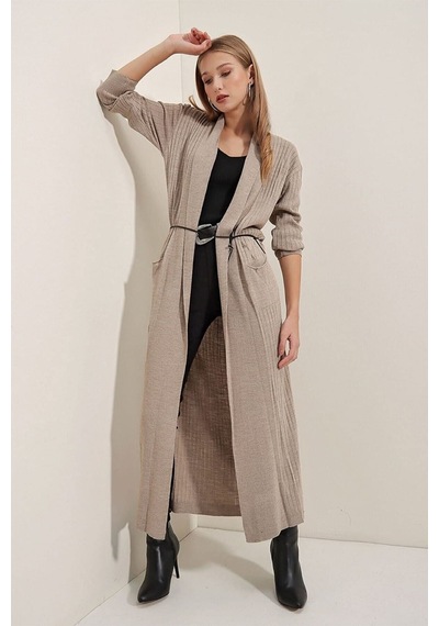 Onno Style Women Standart Beden Uzun Triko Fitilli Kadın Ceket Bej