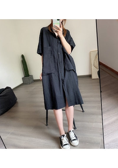 Barbora Keten Günlük Cep Detaylı Salaş Kadın Elbise Ln260siyah 001