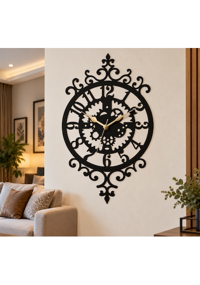 Siyah Mdf Dişli Çarklı Vintage Duvar Saati Mekanizmalı 30x40 Cm 3 Mm