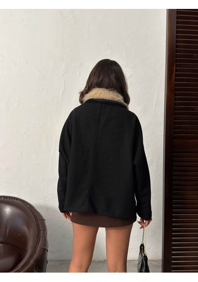 Verymoda Peluş Yakalı Dügmeli Kaşe Mont F2048 Siyah