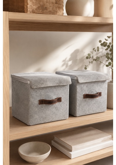 2'li Gri Keçe Kapaklı Küp Kutu Seti 25 X 25 X 25 Cm Deri Kulplu, Katlanabilir, Düzenleyici Kutu
