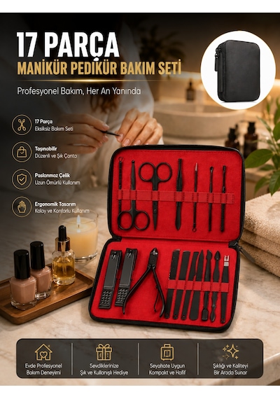 Paslanmaz Çelik 17 Parça Manikür Pedikür Seti Ve Taşınabilir Şık Çanta - Lisinya