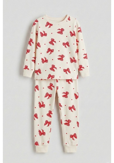 Ekru Renk Kırmızı Fiyonk Baskılı Kız Çocuk Pijama Takımı Ekru