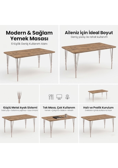 Modern Ahşap Desenli 6 Kişilik Yemek Masası 119x89 Cm Sabit Metal Ayaklı Sağlam Mutfak Masası, Çalışma Masası, Balkon Masası Atlantik - Çam