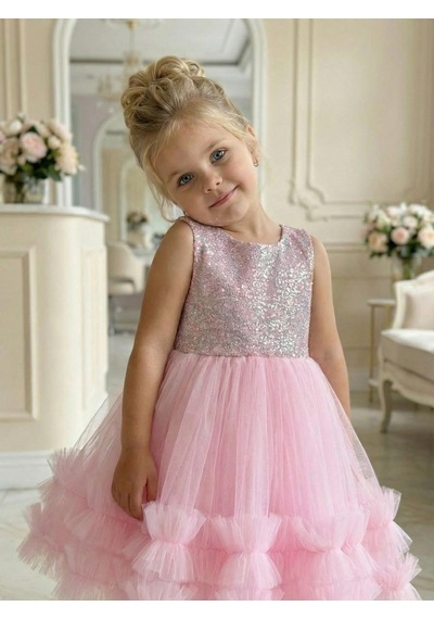 Butikhappykids Kız Çocuk Pembe Payetli Volanlı Tüllü Prenses Abiye Elbise 1-5 Yaş Pembe