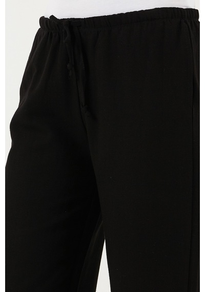Lela Keten Karışımlı Regular Fit Normal Bel Geniş Paça Bayan Pantolon 5866030 Siyah