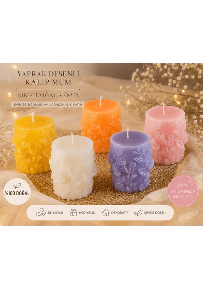 El Yapımı Doğal Mum Çiçek Desenli Dekoratif Mum Seti Şık Hediye Kutulu, Aromatik Estetik Tasarım Turuncu