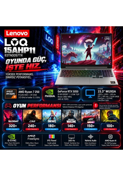 Lenovo LOQ 15AHP11 883TN0097TRWP13 Ryzen 7 250 32 GB 2 TB SSD 8 GB Rtx5050 15.3" W11P Dizüstü Bilgisayar