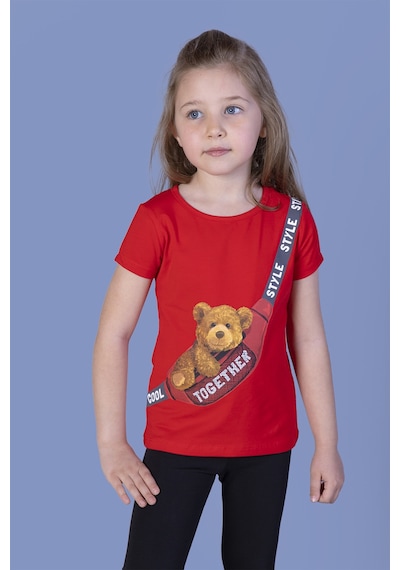 Toontoy Kids Toontoy Kız Çocuk Baskılı Bisiklet Yaka Kısa Kollu Tişört Kırmızı