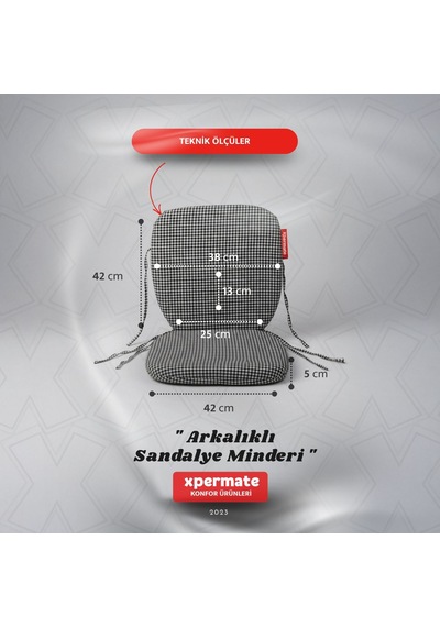 Pötikare Sırtlıklı Sandalye Minderi 42x42 Fermuarlı Yıkanabilir Kılıf Bağcıklı Minder Standart Fit Siyah