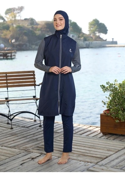 Estiva 25950 Lacivert Marin Fermuarlı Desenli Tam Boy Tesettür Mayo Lacivert