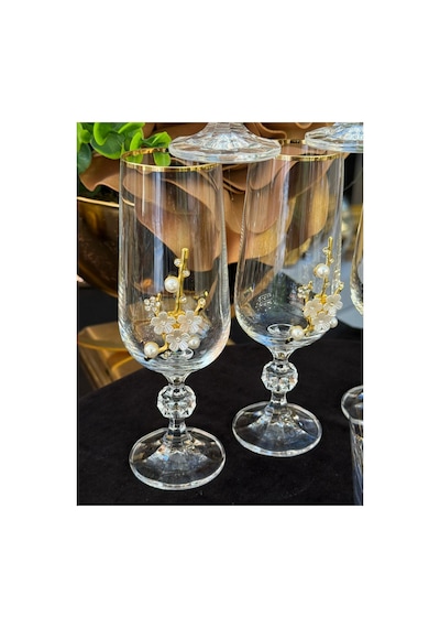 6 Adet Bohemia Kristal Gold Yaldızlı İnci Broşlu Kahve Yanı Su Bardağı Kadeh Altın