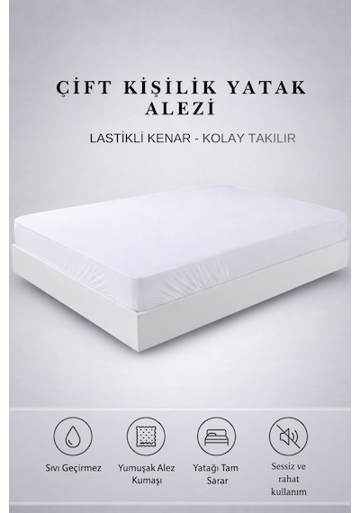 Çift Kişilik Sıvı Geçirmez Lastikli Yatak Alezi 160x200x40 Cm Sessiz Ve Yumuşak Kumaş Beyaz