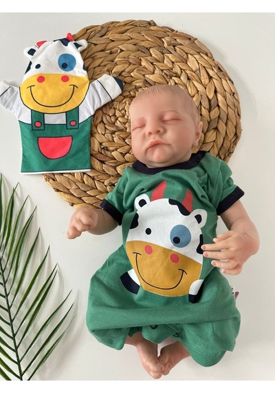 İnek Animal Baskılı Soğuk Yeşil Bebek Tulum Kukla Hediyeli Yeşil